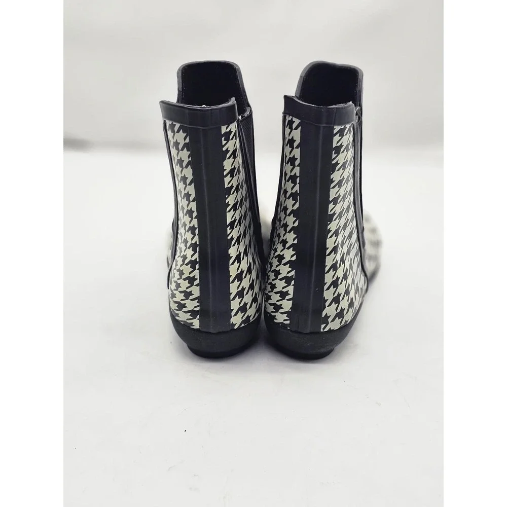London Fog Piccadilly Rain Boots/Booties Women 8M Black White Houndstooth HKF003